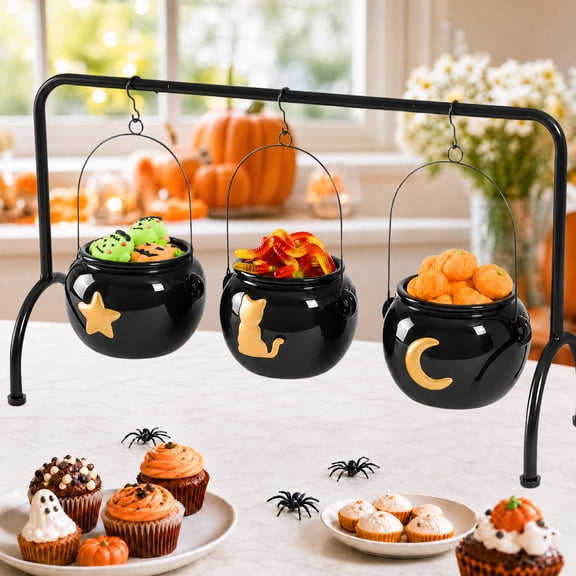 Halloween Party Decorations, Ceramic Witches Cauldron on Rack Set of 3, Black Hanging Cauldrons Candy Bowl with Cute Cat/Moon/Star Pattern for Indoor Outdoor Home Kitchen Decor