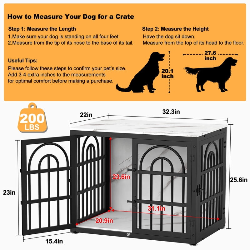 Dog Crate Furniture with Cushion, Wooden Dog Kennel End Table with Double Doors, Heavy Duty Indoor Dog House for Small Medium Large Dogs, Marble pattern, 32in