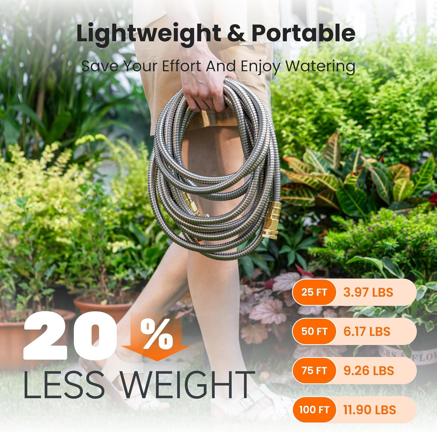 Garden Hose 50ft x 5/8", 304 Stainless Steel Metal Water Hose, No Kink Garden Water Hose with 9 Pattern Spray Nozzle, Flexible, Lightweight, Kink Free Hose for Yard, Outdoor