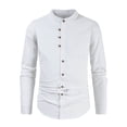 thumbnail image 5 of tasrioml Men Linen Shirt Casual Long Sleeve Button Down Solid Color Male Tops Beach Banded Collar Summer Shirts, 5 of 7