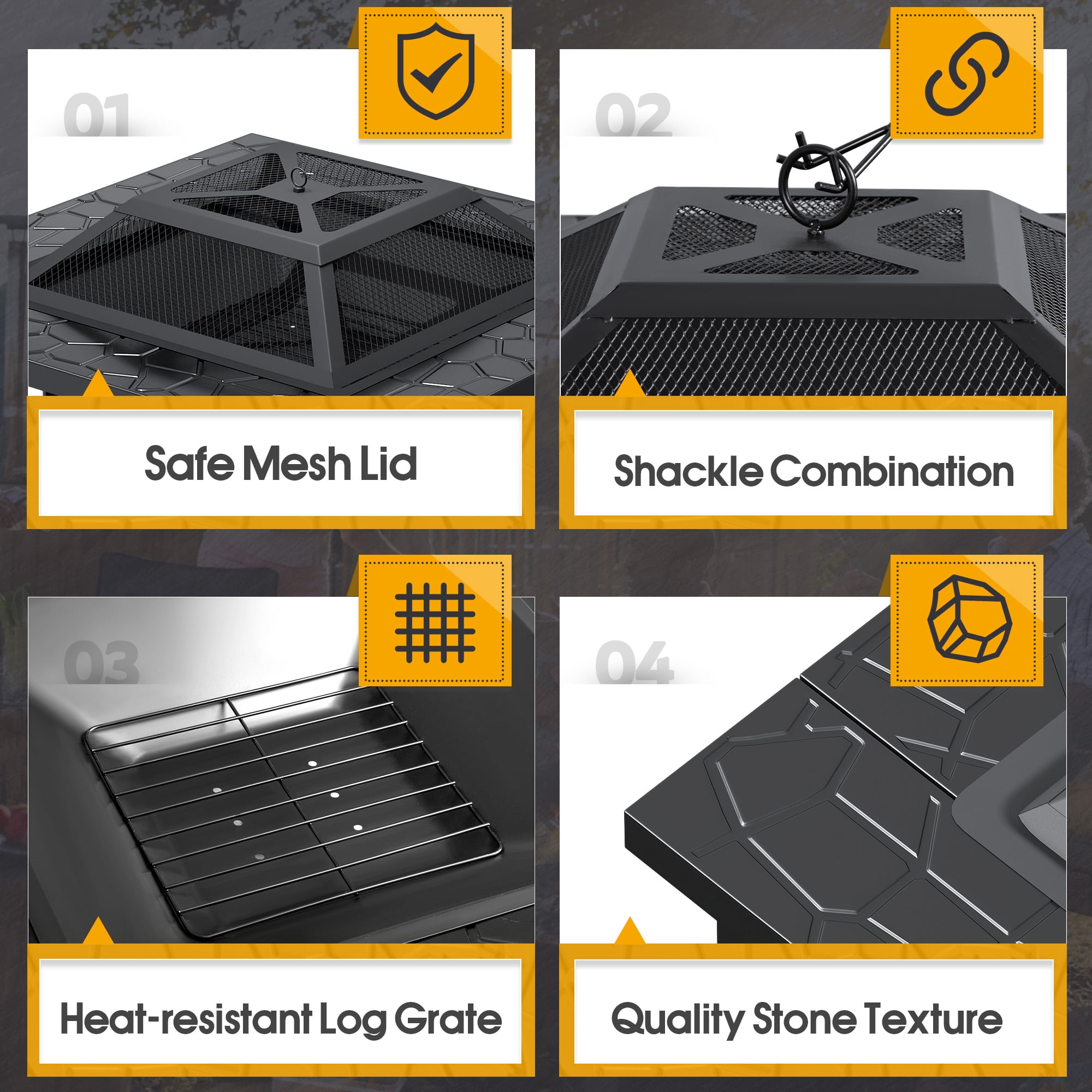 Lacoo 32" Patio Square Fire Pit Table for Patio Backyard BBQ, Ice Storage with Mesh Lid, Poker and Cover, Black