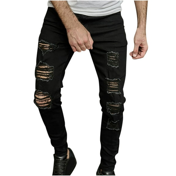 ohmzyzo Skinny Jeans for Men Stretch Slim Fit Ripped Denim Trousers Casual Tapered Leg Streetwear Outdoor Solid Color Pants with Pockets XL