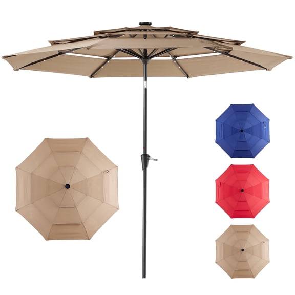 SHOUFTW 9.2FT Solar Patio Umbrella with 32 LED Lights, 3-Layer Ventilated Market Umbrella with Adjustable Tilt and 8-Rib Frame for Backyard, Deck, Garden or Poolside,Khaki