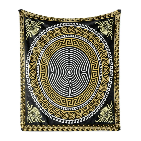 Greek Key Soft Flannel Fleece Blanket, Classical Pattern with Intricate Design Spiral Waves Frame and Maze, Cozy Plush for Indoor and Outdoor Use, 50" x 60", Pale Yellow White Black, by Ambesonne