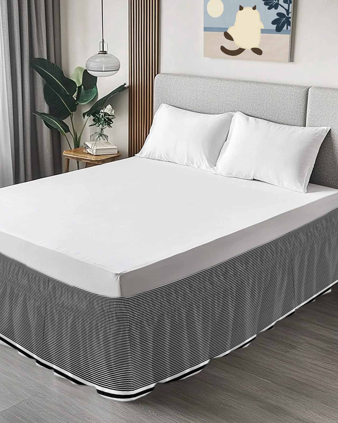 Farmhouse Black White Striped Bed Skirt King Size, Modern Stripes Wrap Around Bed Skirting with Adjustable Elastic Strap, Dust Ruffled Pleated Bedskirts 18 Inch Drop for Bedroom King Beds