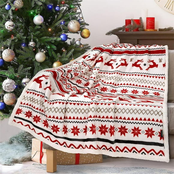 TIMIFIS Woolen Blanket Christmas Deer Bells Geometric Print Double Thickened Bedroom Sofa Cover Blanket Home Decoration