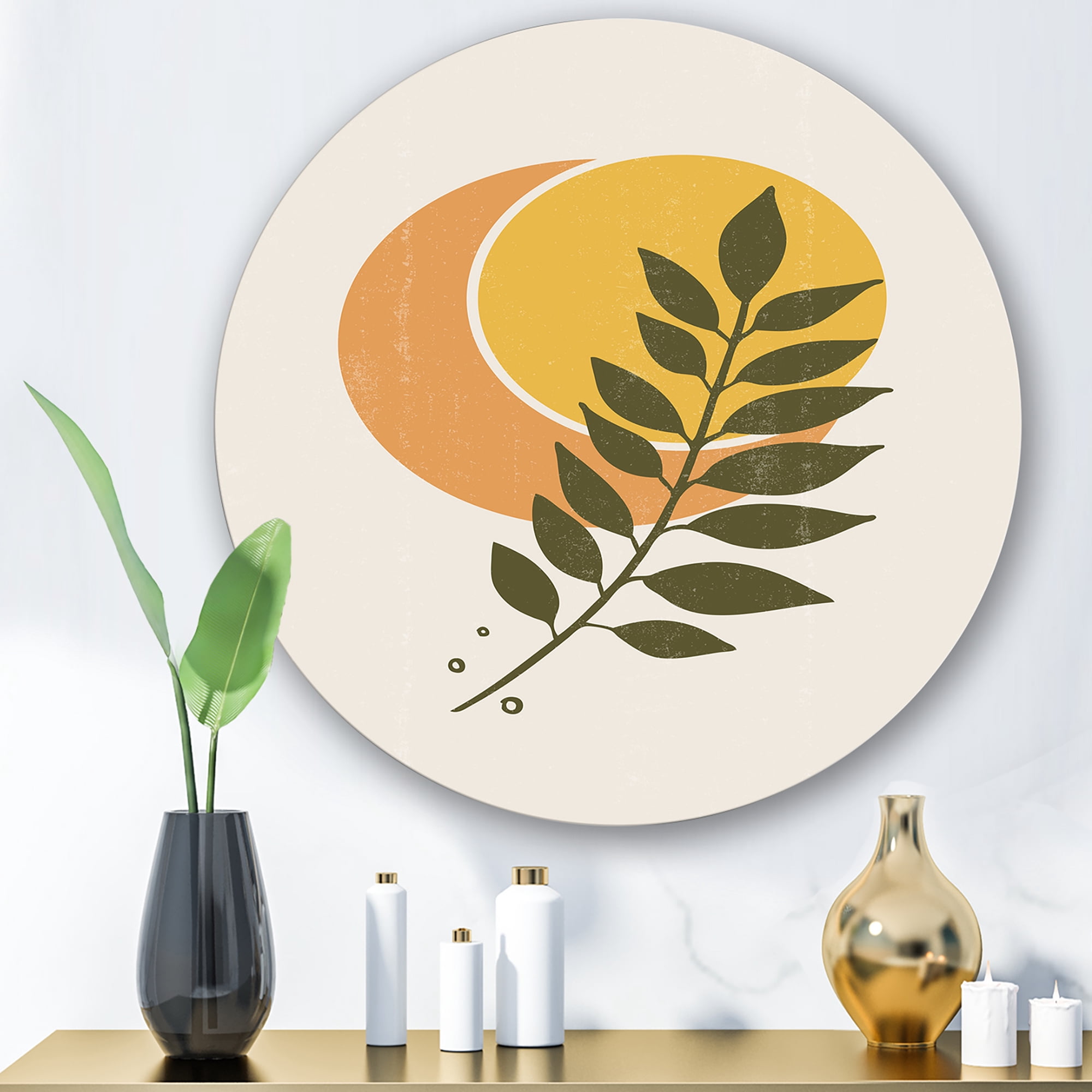 Designart 'Abstract Geometrical Moon and Sun With Leaf V' Modern Circle Metal Wall Art 23x23 - Disc of 23