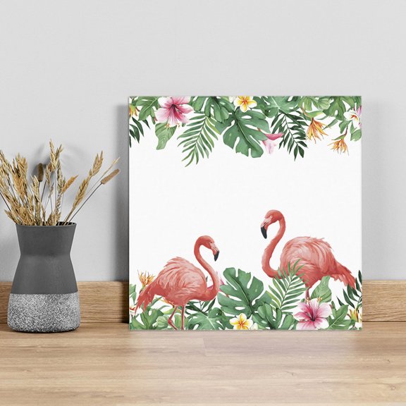 Pink Flamingo Birds Wall Art Painting on Canvas, Summer Tropical Plants Flowers Canvas Art Home Prints Wall Art Framed Modern Artwork for Living Room Bedroom Wall Decor 8x8in