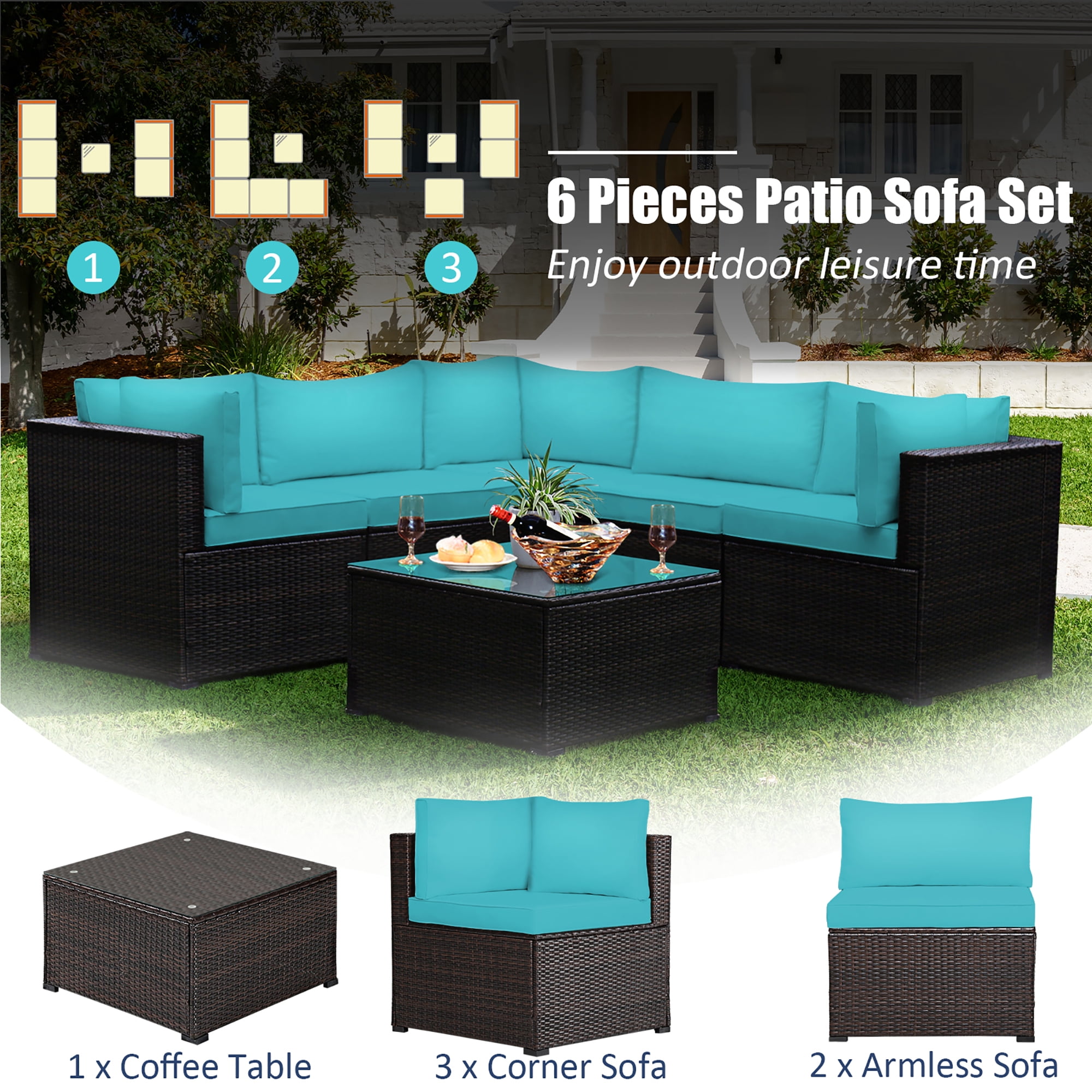 Costway 6PCS Patio Rattan Furniture Set Sectional Cushioned Sofa Deck Turquoise