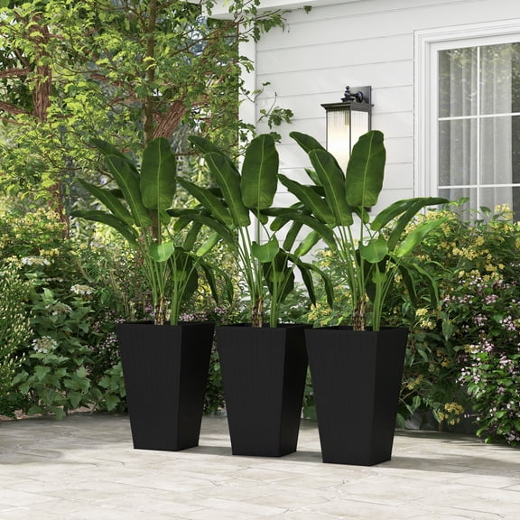 YANG2 Set of 3 Tall Planters, Indoor and Outdoor Flower Pot Set,14.25" x 14.25" x 24",for garden, veranda, or indoor living space,Black