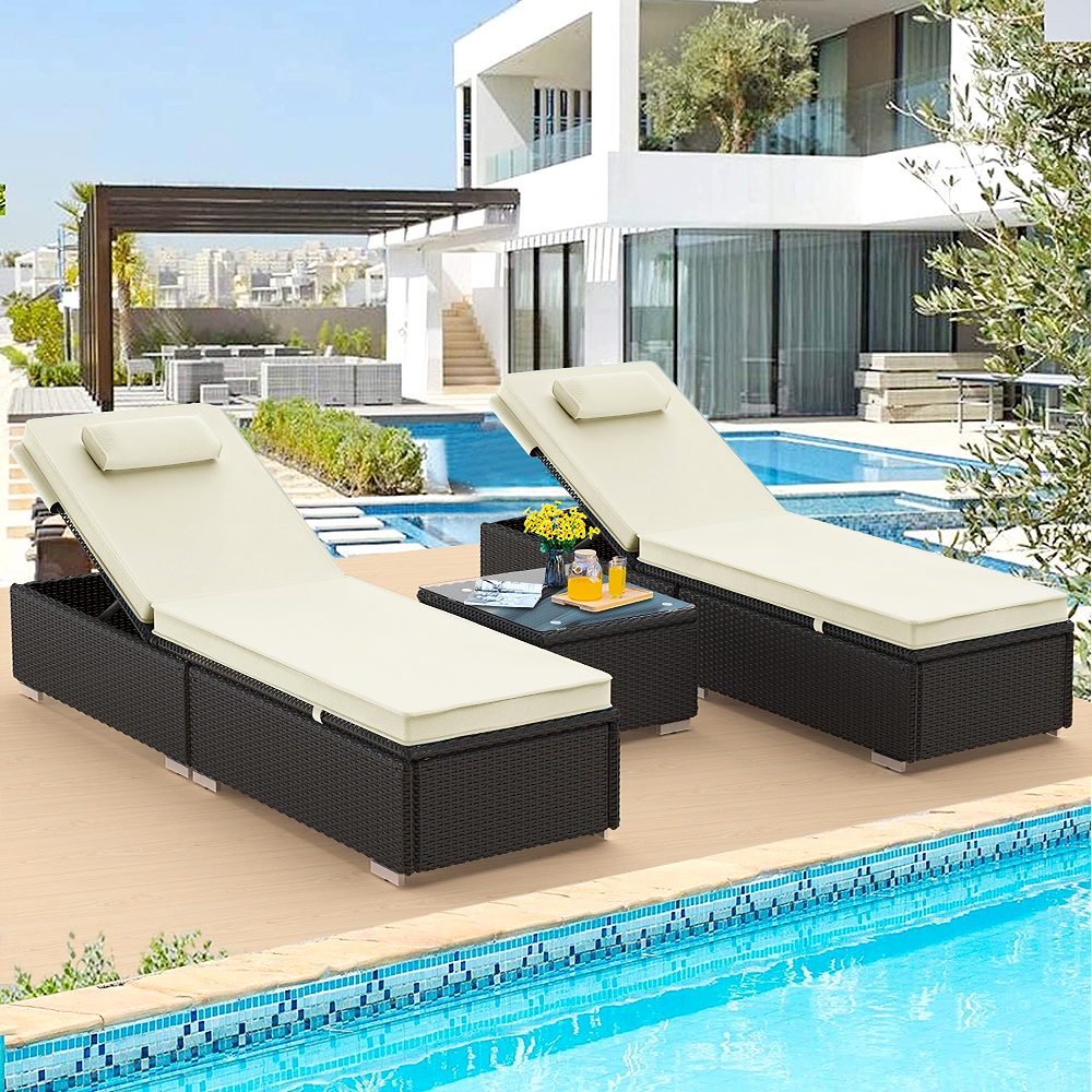 3 Pieces Patio Chaise Lounge Chair Set, PE Rattan Chaise Lounge with Table, Sun Chaise Lounge Furniture, Pool Furniture Sunbed with Cushion, Tanning Lounge Chair with 5 Adjustable Positions, B383 - image 2 of 9
