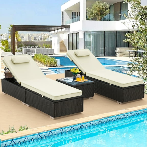 3 Pieces Outdoor Patio PE Wicker Chaise Lounge Set, Adjustable Reclining Lounge Chairs with Matching Table, Outdoor Sun Lounger with Removable Cushions for Patio Poolside Backyard Porch Garden, B23