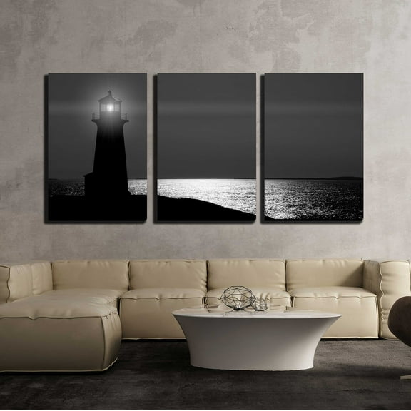 wall26 - 3 Piece Canvas Wall Art - Peggy'S Cove Lighthouse in Nova Scotia at Night. - Modern Home Art Stretched and Framed Ready to Hang - 24"x36"x3 Panels