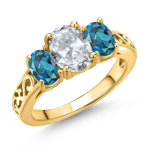 Gem Stone King 18K Yellow Gold Plated Silver White Topaz and London Blue Topaz Filigree Style 3 Stone Ring for Women (2.70 Cttw, Oval 8X6MM and 6X4MM) (Size 9)