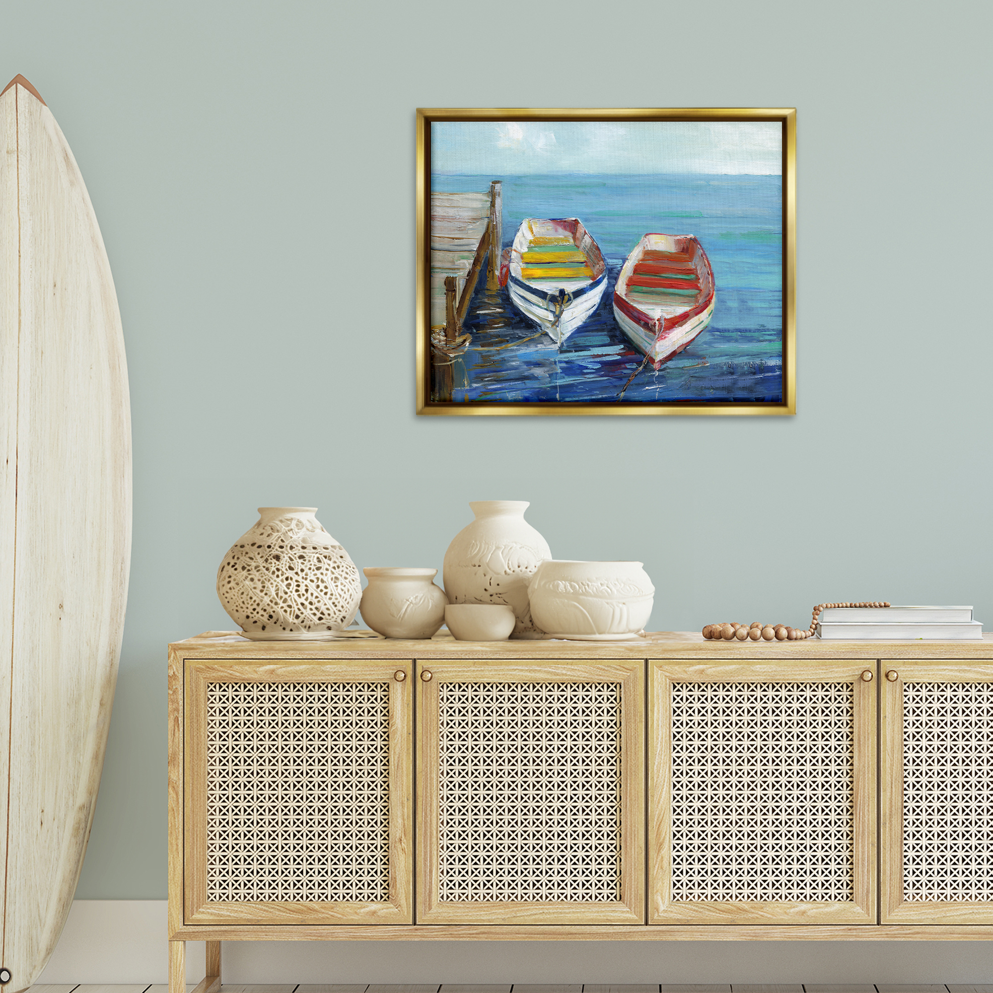 Stupell Industries Twin Boats by Dock Nautical & Beach Painting Gold Floater Framed Canvas Art Print Wall Art, 31 x 25