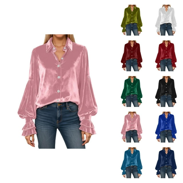 Velvet Tops for Women 2026 Spring Fashion Long Sleeve Button Down Lapel Collared Ruffle Casual Shirt Blouse Top