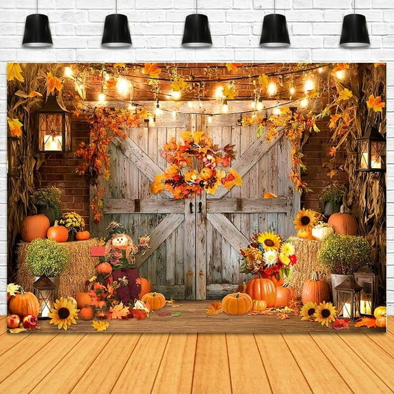 Fall Farm Barn Backdrop Rustic Wooden Door Autumn Maple Leaves Pumpkins Photography Background Fall Thanksgiving Day Friendsgiving Party Decorations Banner Supplies Photo Booth Props