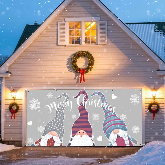 Gnomes Blue Garage Door Decorations, 6x13ft Garage Door Cover Banner with Grommets, Indoor/Outdoor Garage Door Backdrop Mural for Holiday Party Birthday Wall Decor, Snowflake Heart Gray