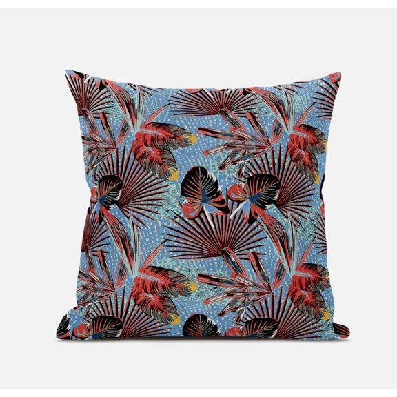 HomeRoots 411575 20 in. Coral Blue Tropical Suede Throw Pillow, Red, Blue & Black