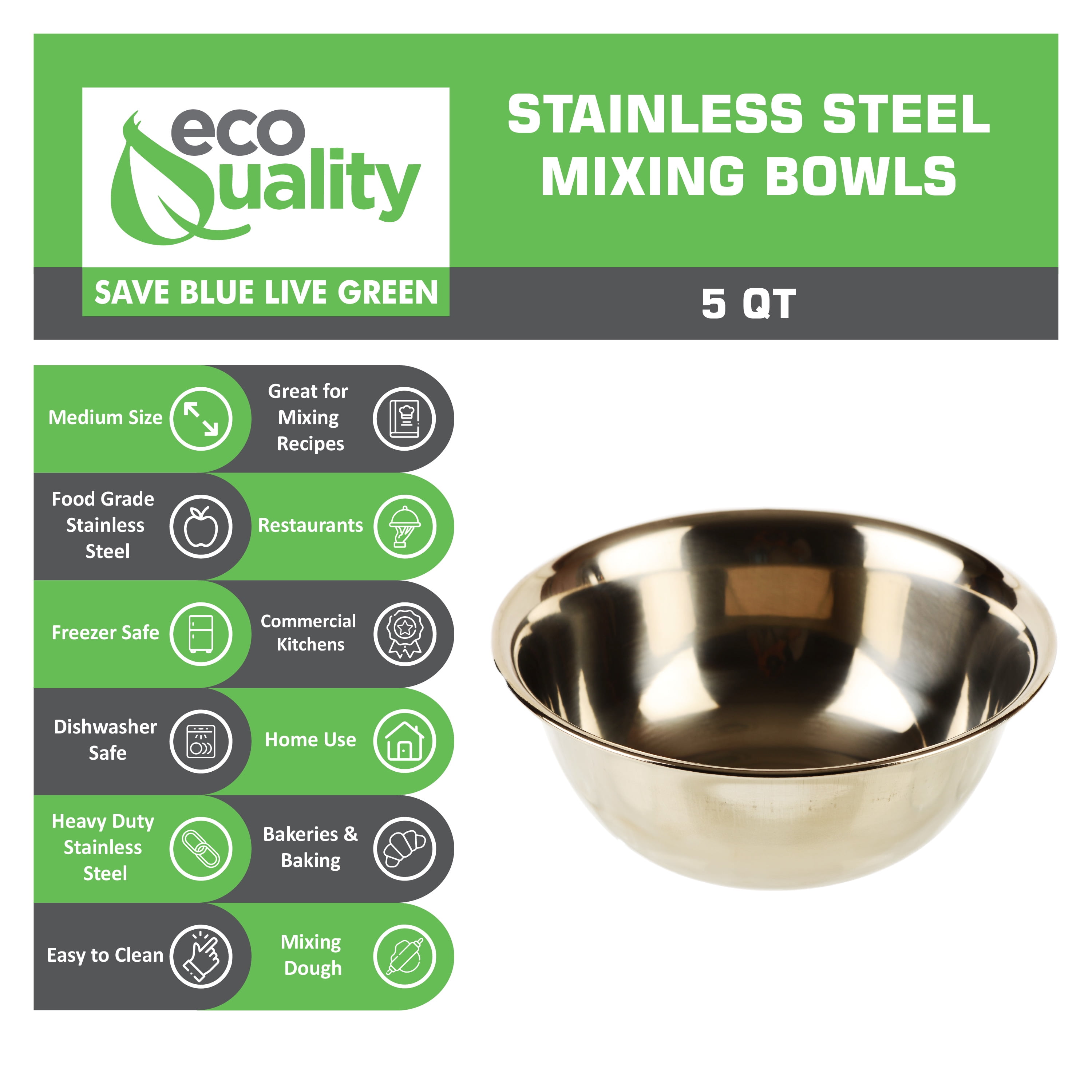 AtHomeBaking Stainless Steel Mixing Bowl - 10 inch - 5 Quart - Metal Mixing Bowls - 304 Stainless Steel Mixing Bowls - Baking Bowl