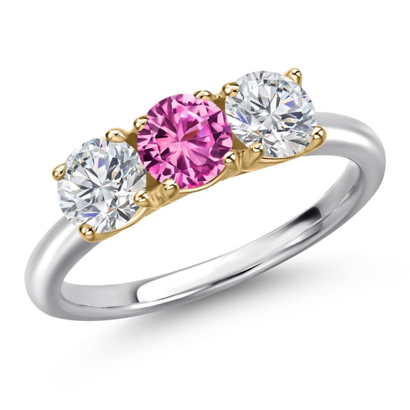 Gem Stone King 10K Two Tone Gold Pink Created Sapphire and Lab Grown Diamond Engagement Ring for Women | 1.55 Cttw | Round 5MM | Gemstone September Birthstone | Size 8