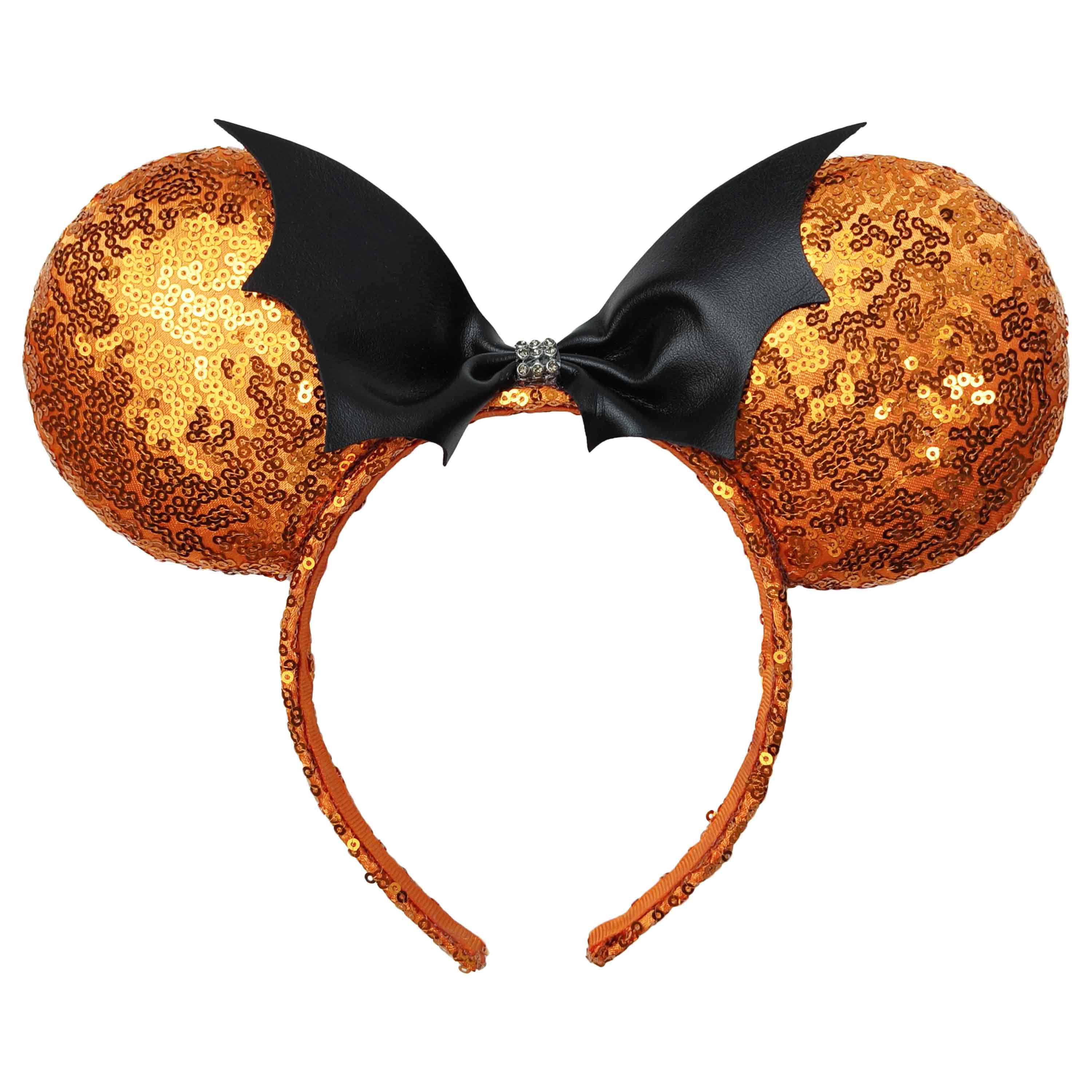 Disney Halloween Minnie Mouse Orange Sequin Ears with Faux Leather Bat Bow for Adults