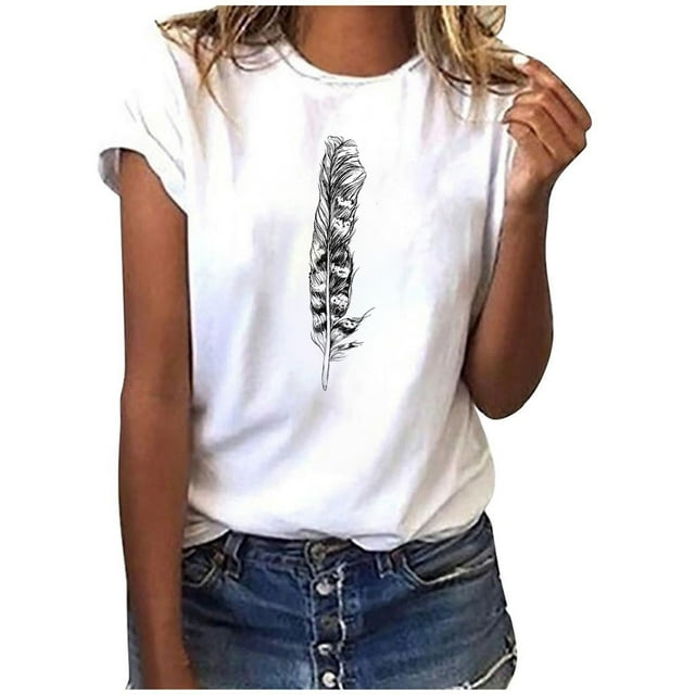 LSLJS T-Shirts pour Femmes Mode T-Shirt à Manches Courtes Imprimé Plume Haut Décontracté Blouse
