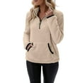 thumbnail image 3 of Women's Mock Neck Quarter Zip Fleece Sweatshirt, Soft Plush Pullover with Front Pockets, Cozy Winter Sweater for Cold Weather, Casual Daily Wear and Holiday Gatherings Khaki XXL, 3 of 6