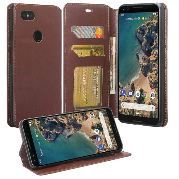 Pixel 3 Case, Pixel 3 Wallet Case, Google Pixel 3 PU Leather Case,Cash Credit Card Slots Holder Carrying Flip Cover & Kickstand - Brown
