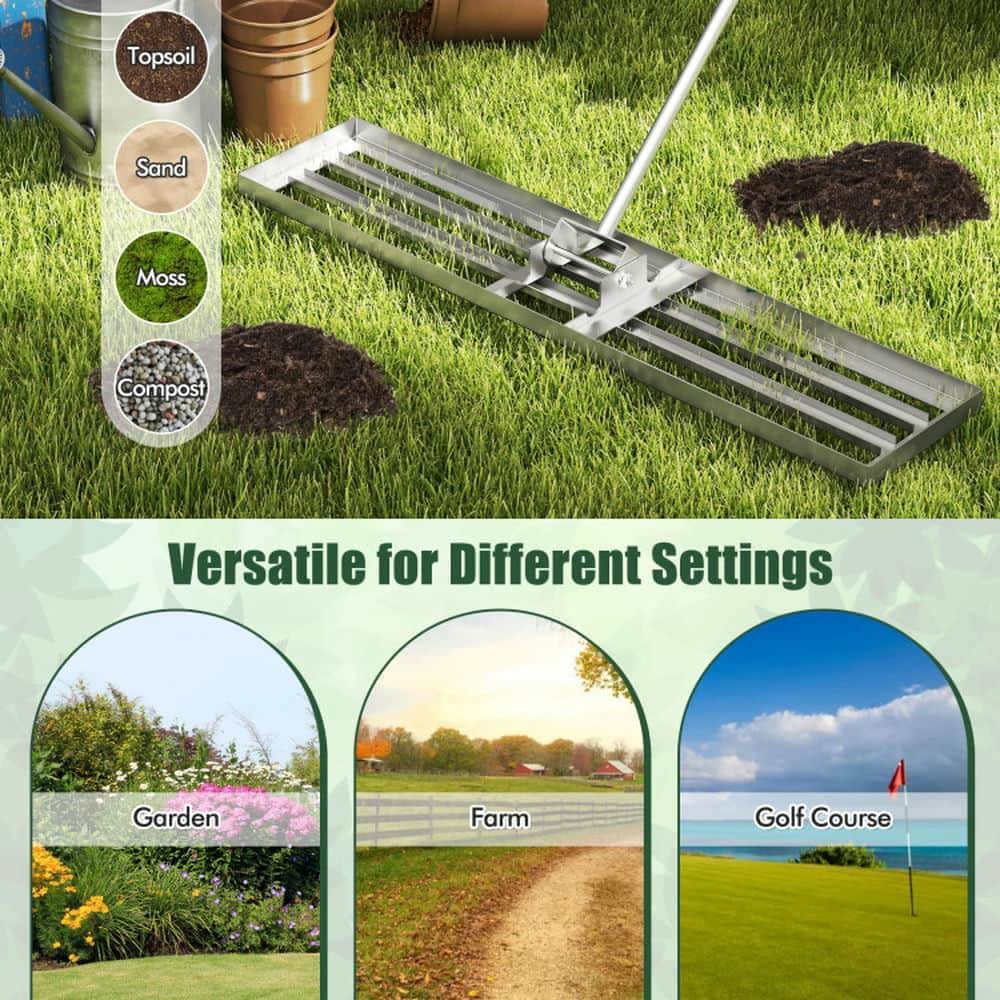Demifill 46 x 10 Inch Lawn Leveling Rake for Outdoor as Patio, Garden, Backyard, Heavy Duty Lawn Level Tool for Soil, Silver
