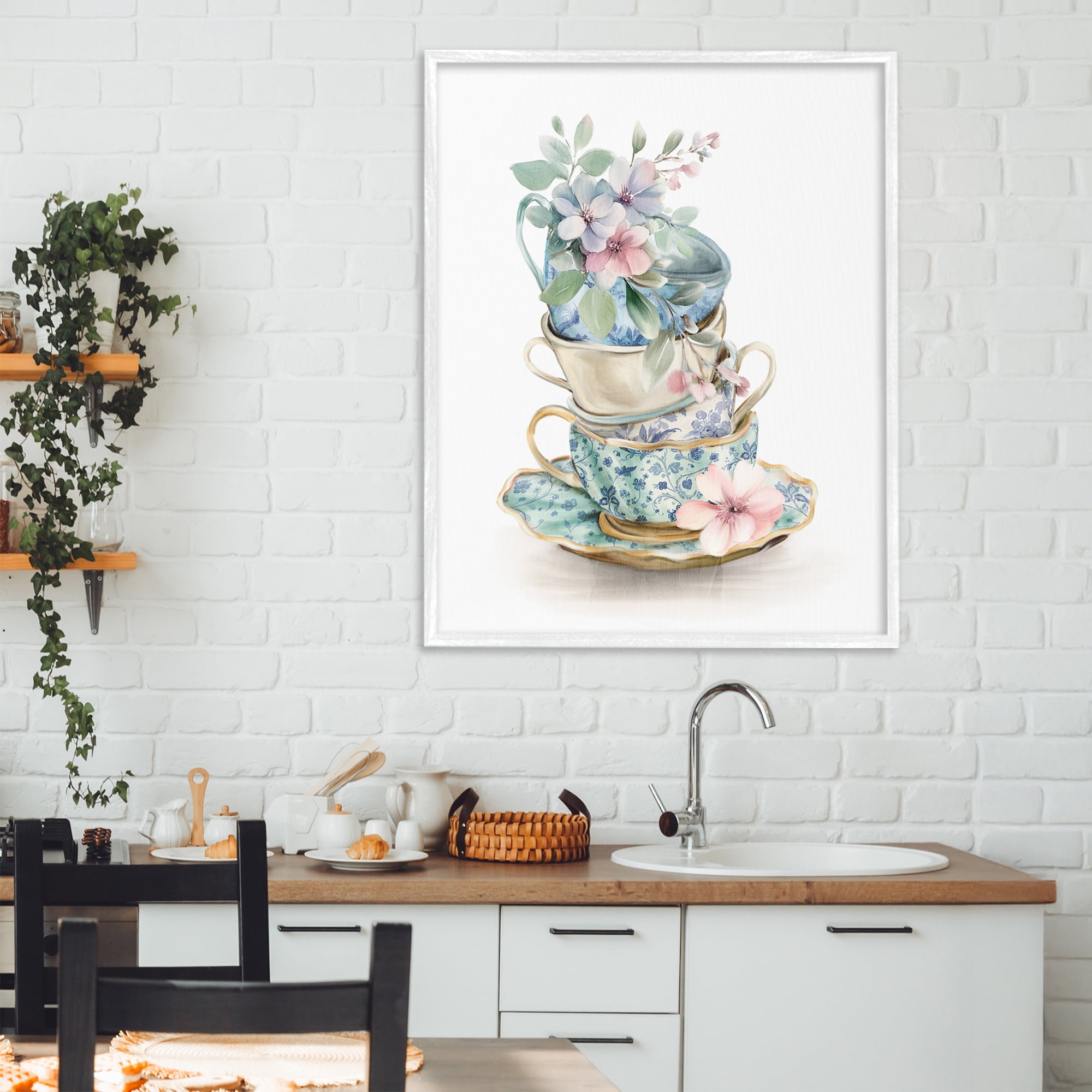 Stupell Industries Floral Teacup Chinoiserie White Framed Giclee Art, design by Kim Allen