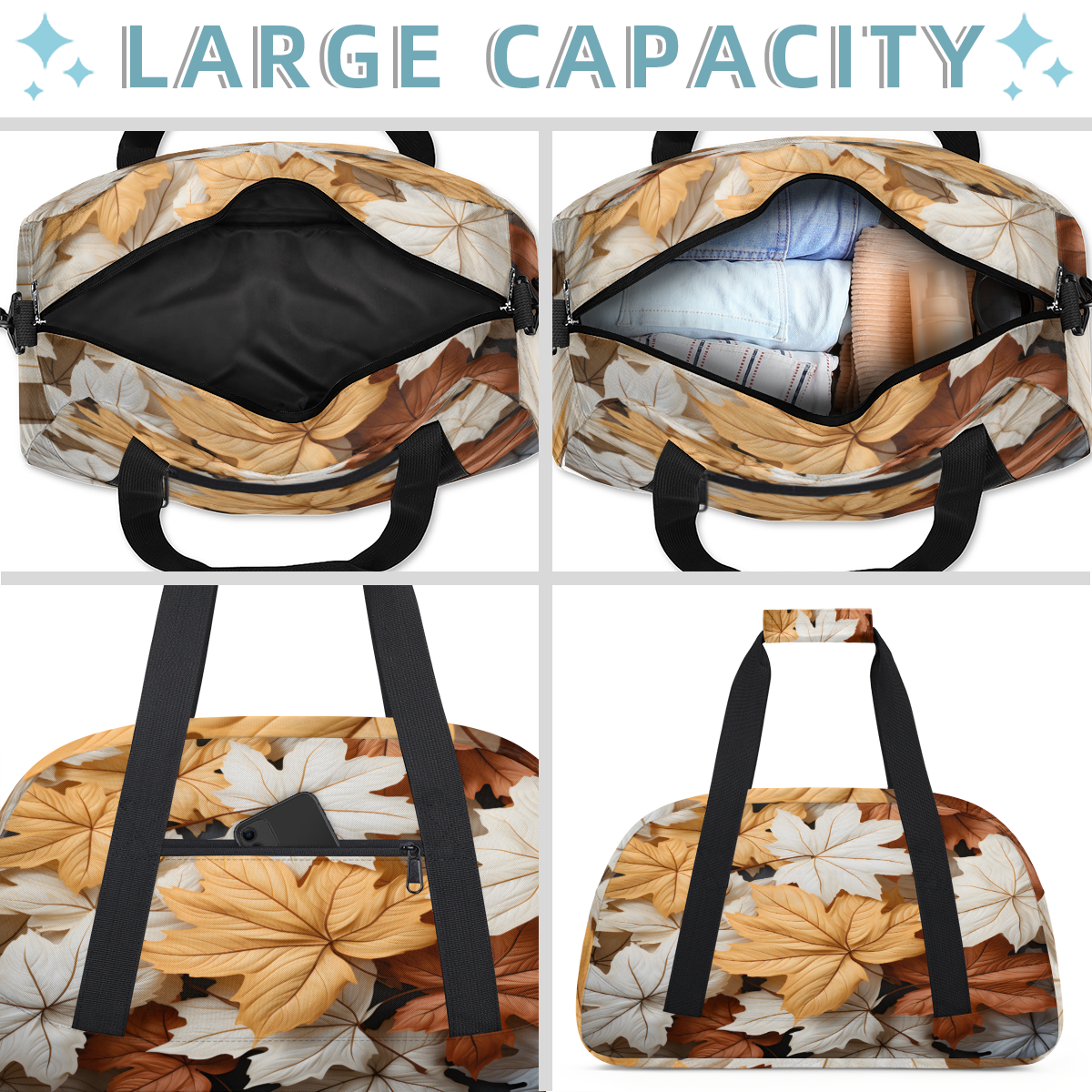 Herdesigns Fall Printed Sports Duffle Bag for Women & Men, Autumn Leaves Gym Bag Dance Bag Overnight Bag Carry On Weekender Travel Bag