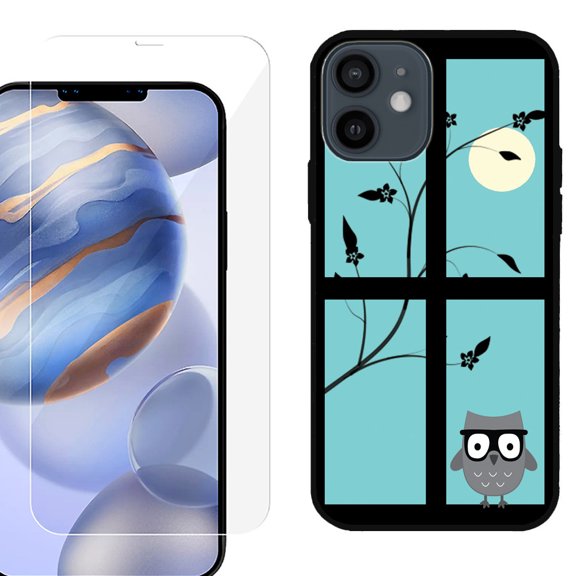 Slim-Fit Protective Phone Case (Black) compatible with iPhone 12 / iPhone 12 Pro, with Tempered Glass Screen Protector, by OneToughShield ® - Moon Owl