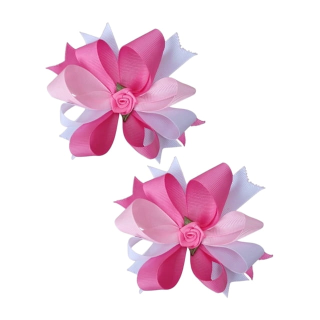 2 Moños para pelo en tonos rosas con flor de listón en el centro