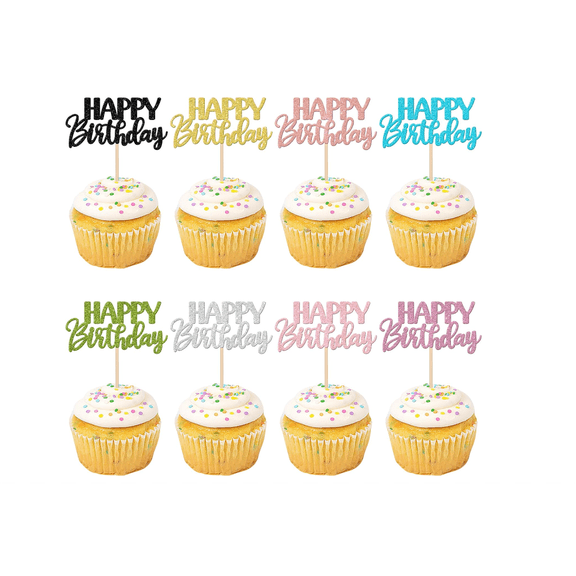 Happy Birthday Cupcake Toppers, Glitter Picks, Mixed 8 Colors, 8 Count, Birthday Party Cake Decorations