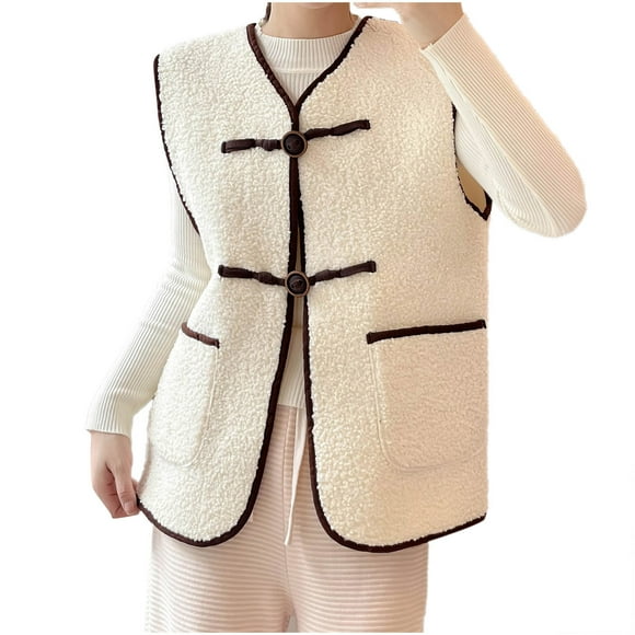 Virmaxy Womens Winter Sherpa Fleece Vest Solid Color Faux Shearling Thicken Teddy Coat with Pocket Sleeveless Button Down V Neck Plush Jacket Warm Winter Coat Outerwear White XS