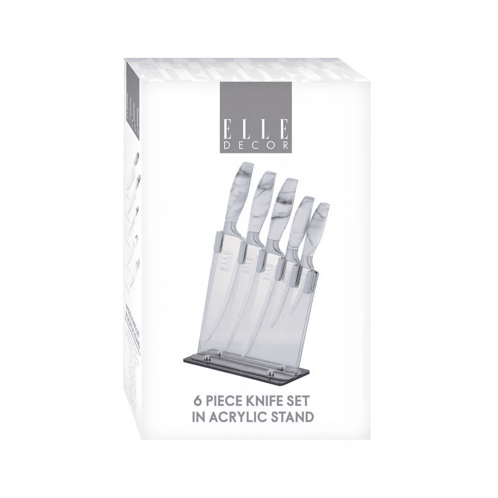Elle Decor 5-Piece Professional Kitchen Knife Set Marble Handles & Chrome Finish Includes Clear Block Chef Bread Carving Utility & Paring Knives