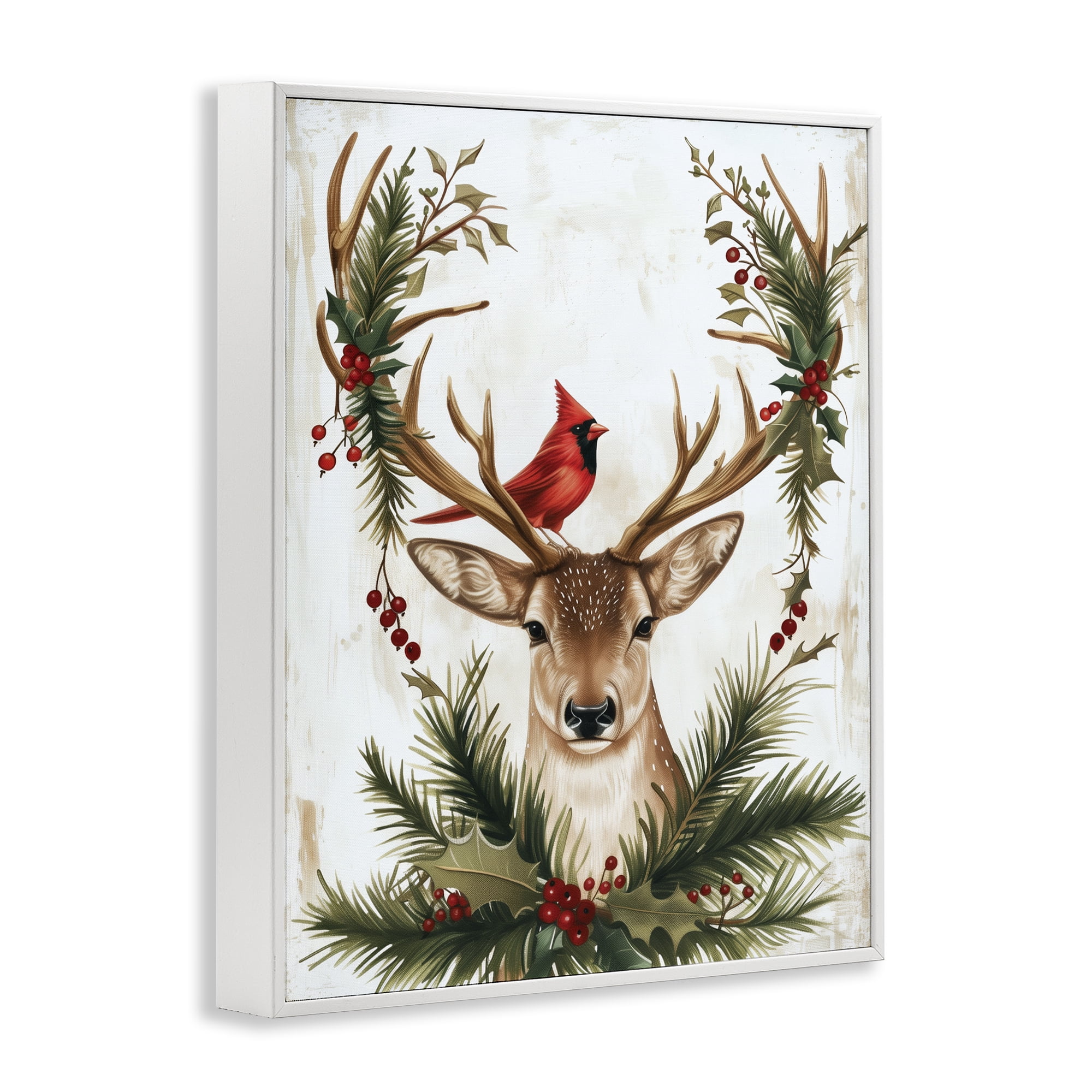 Stupell Industries Cardinal & Deer with Festive Flora White Framed Giclee Art, design by Acorn & Ivory Designs