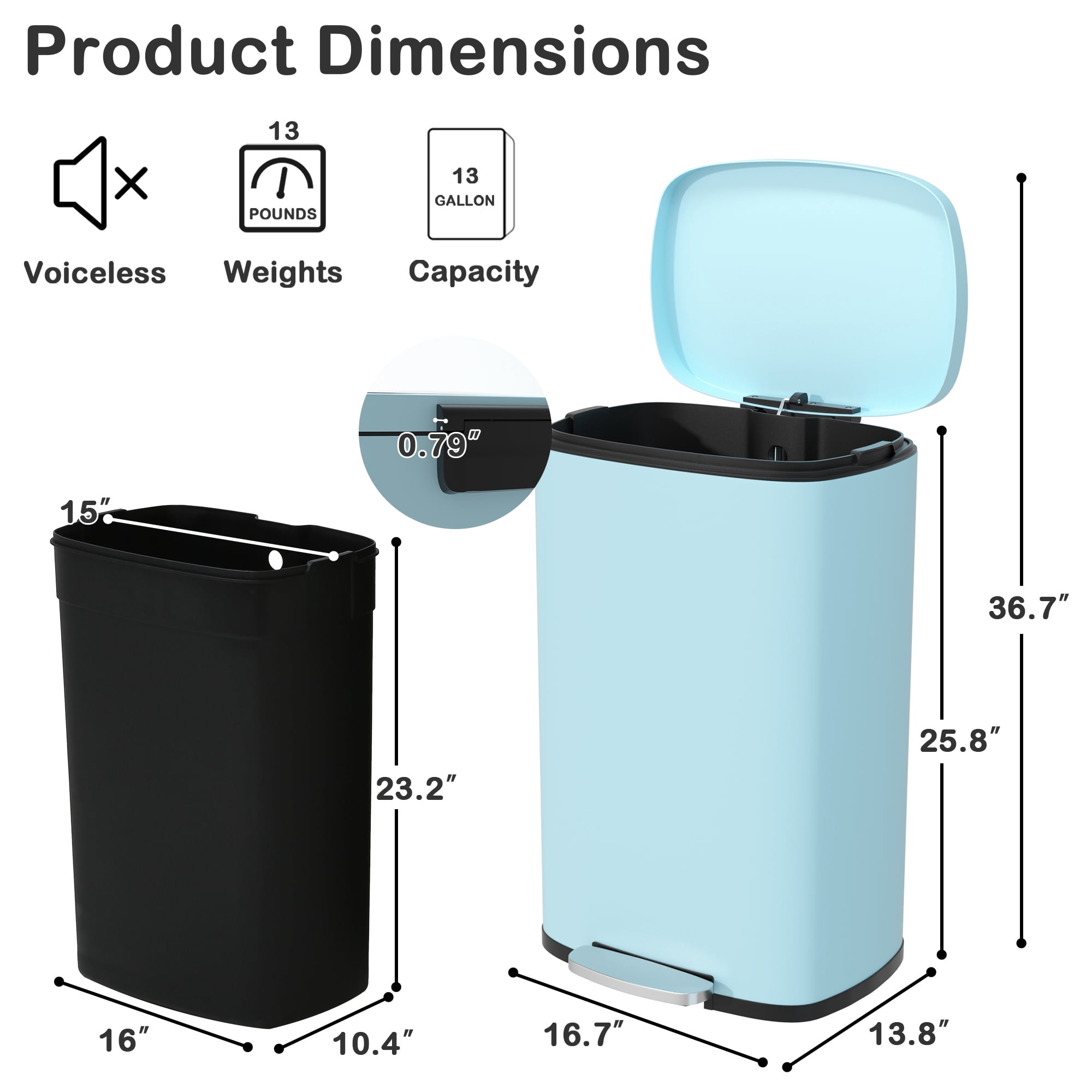 CL.HPAHKL 13 Gallon (50L)Trash Can ,Kitchen Trash Can, Stainless Steel with Lid, Foot Pedal and Inner Bucket, Fingerprint-Resistant Soft Close Lid Garbage Can, Pedal Rubbish Bin for Home Office