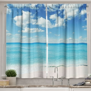 Ambesonne Summer Kitchen Curtains, Exotic Beach Vivid Sky, 55"x39", Sky Blue Aqua