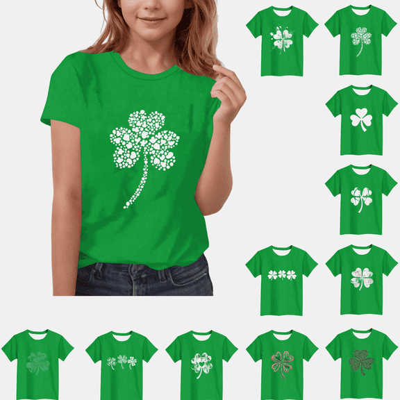 hoksml Girls St Patricks Day Green T Shirt with Four Leaf Clover Print Casual Short Sleeve Crew Neck Top Perfect for Holiday Celebrations