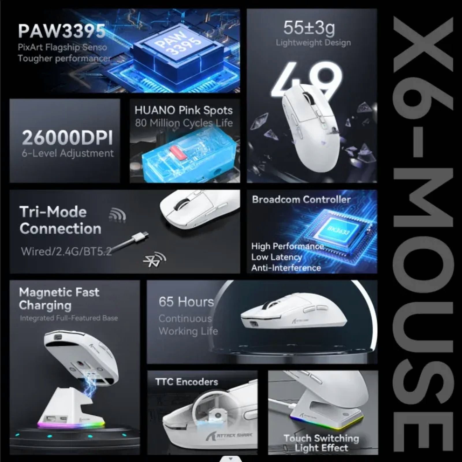 Attack Shark X6 PixArt PAW3395 Gaming Mouse, Bluetooth Tri-Mode Connection, RGB Touch Magnetic Charging Base