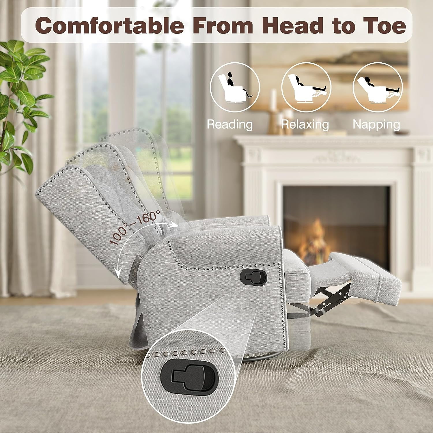 Royalcraft Swivel Nursery Glider Recliner, Comfy Upholstered Glider Chair with Lumbar Pillow and Footrest, Swivel Rocking Chair for Living Room, Grey