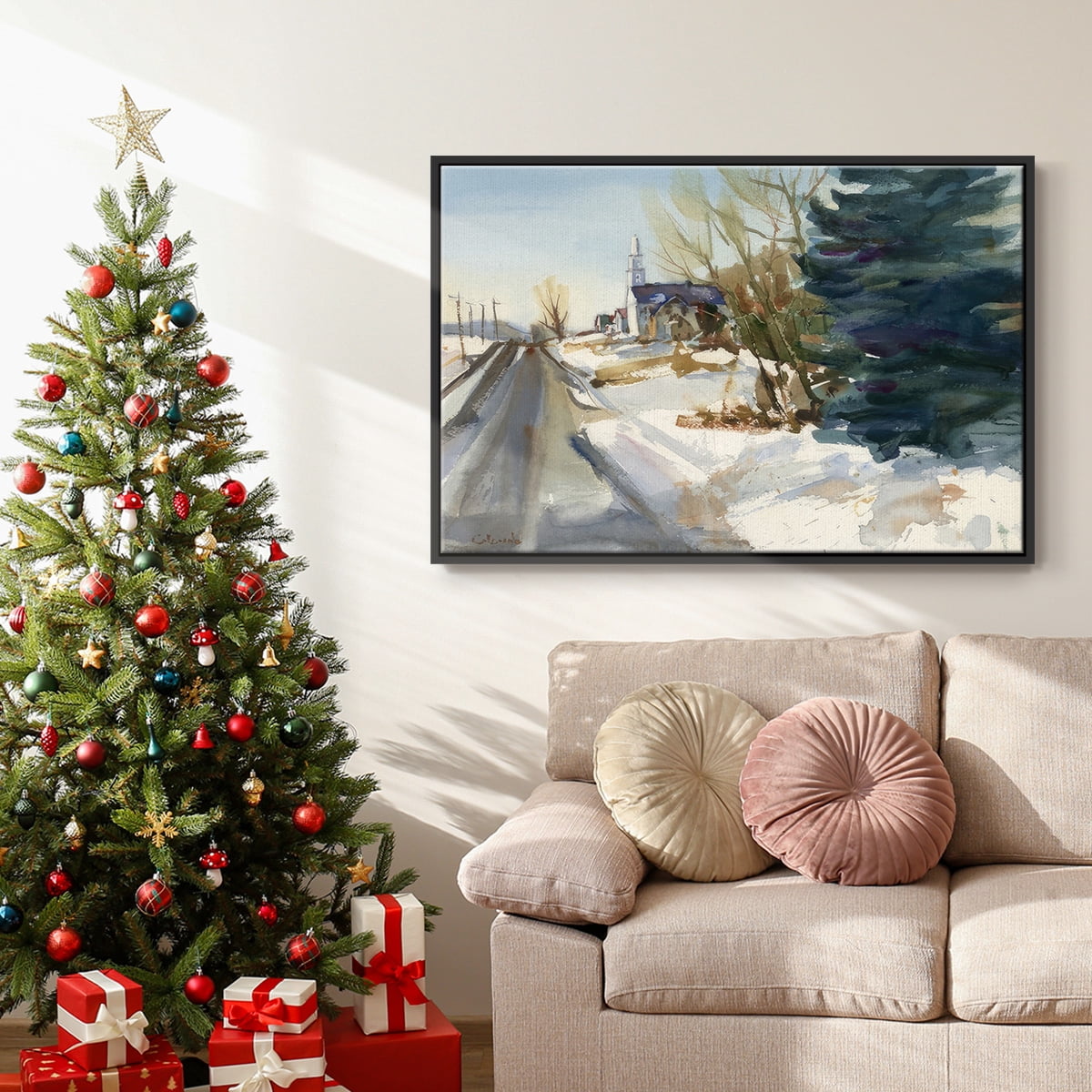 Congregational Church in Winter - Framed Gallery Wrapped Holiday Canvas - 27 x 41 - Black Frame
