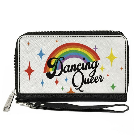 Buckle-Down Wallet, Zip Around, Dancing Queer Rainbow White Black Multi Color, Vegan Leather