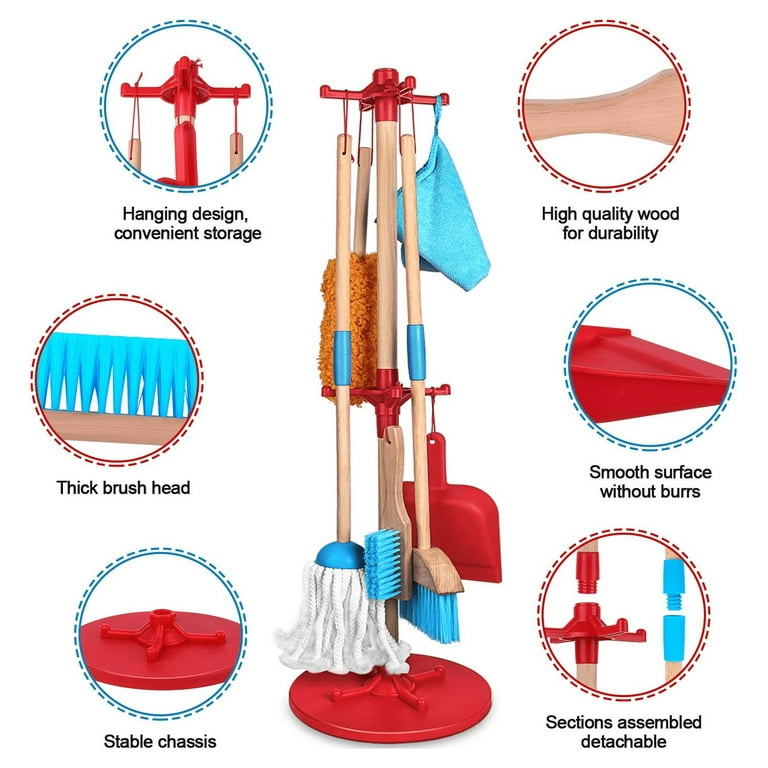 hellowood Kids Cleaning Set, 8pcs Housekeeping Play Set Includes Broom Mop Duster Dustpan Brushes Rag and Organizing Stand, Cleaning Toys Gift for