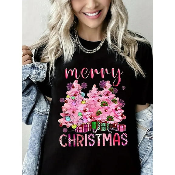 Woman Christmas Shirt Christmas Tree Graphic T-Shirt Casual Short Sleeve Black Top