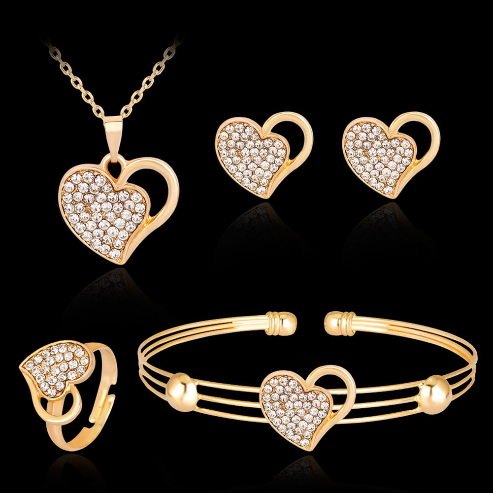 Women Heart Rhinestone Necklace Bracelet Ring Earrings Pendant Jewelry Set New 