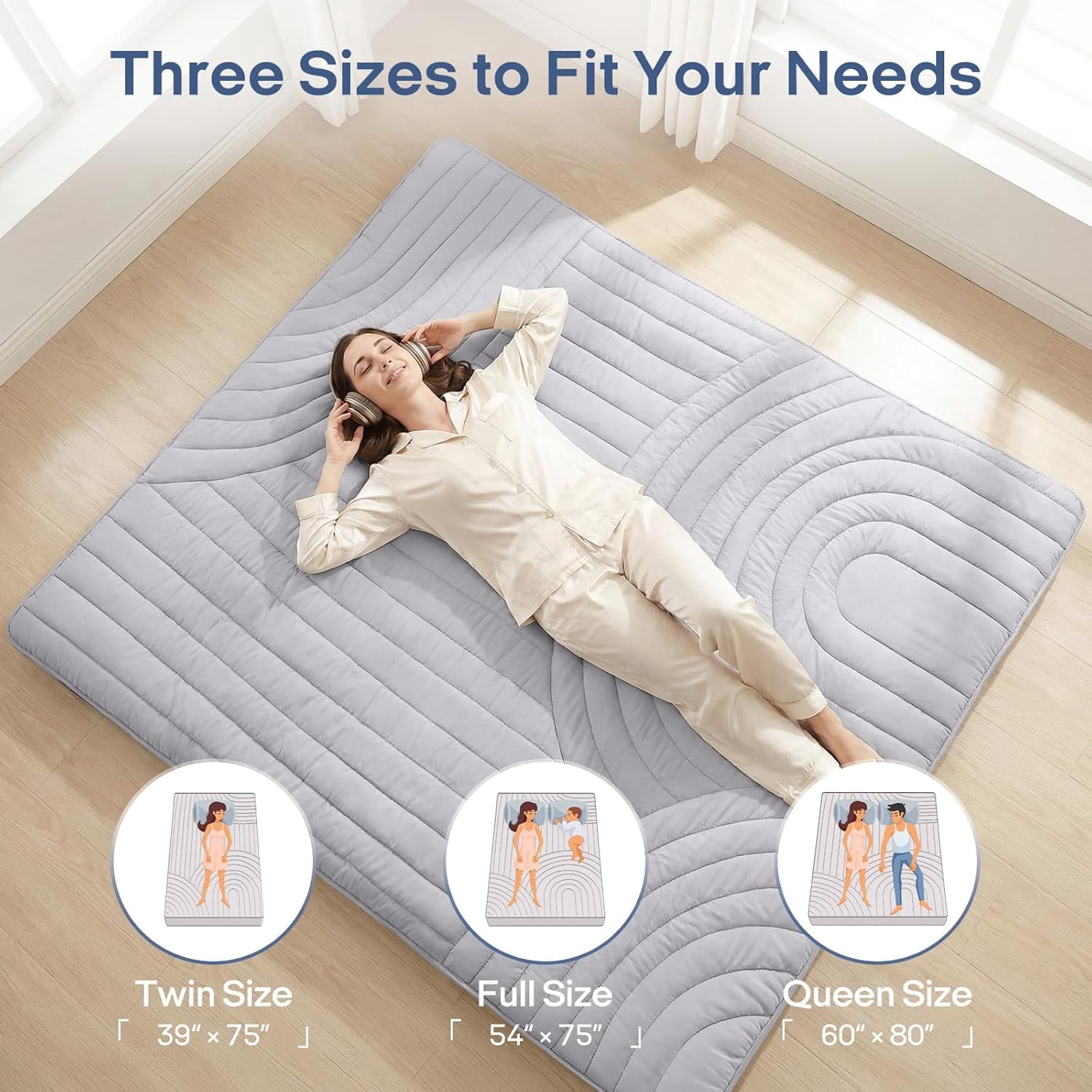ZonLi Full Size Grey Japanese Floor Mattress Futon, Roll Up Tatami Mat, 2.5in Thick Foldable Floor Bed for Sleeping