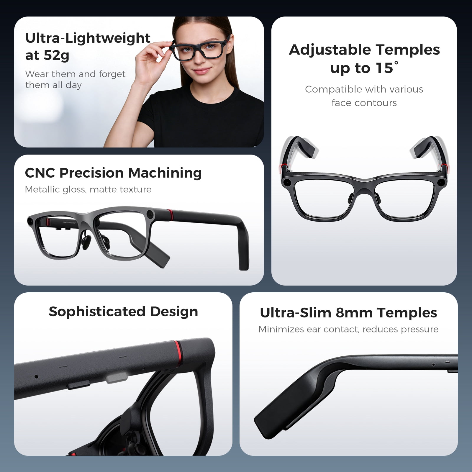 Domars AI Smart Glasses with HD Camera & AR Display, 268-Language Real-Time Translation, Invisible Teleprompter, Bluetooth Smart Sunglasses for Men Women